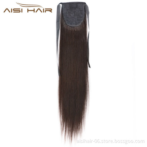 Aisi Hair 16 Inch Indian  Human Hair Ponytail Human Hair Extension Ribbon Straight Ponytail Extensions for Women
